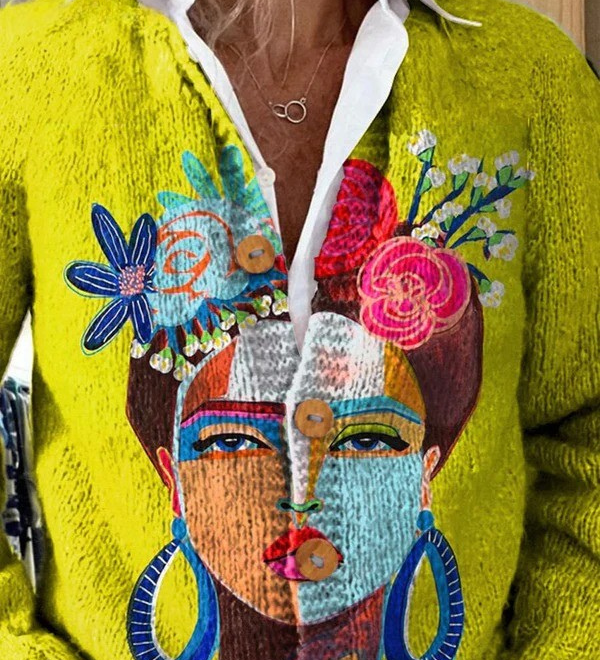 Bo | Cardigan met Frida-portret in olieverf