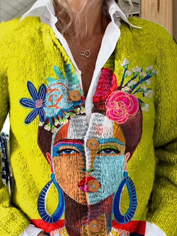 Bo | Cardigan met Frida-portret in olieverf