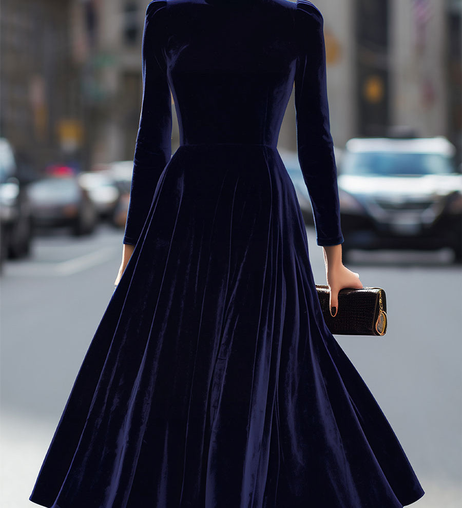 Isa | Midi Jurk met Lange Mouwen Donkerblauw