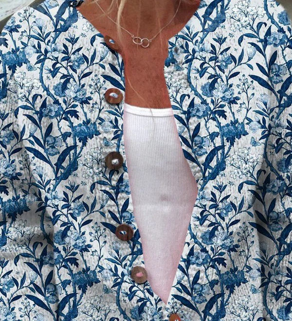 Elise | Elegante cardigan met blauw-witte bloemen