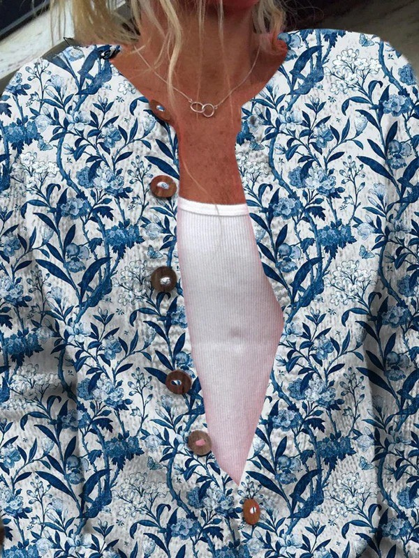 Elise | Elegante cardigan met blauw-witte bloemen
