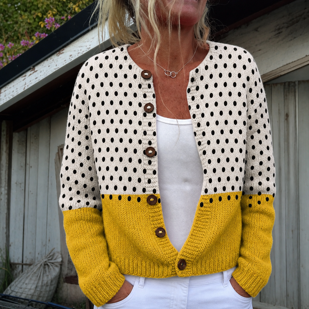 Suze | Gele cardigan met geometrische stippen