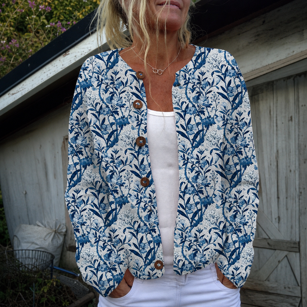 Elise | Elegante cardigan met blauw-witte bloemen