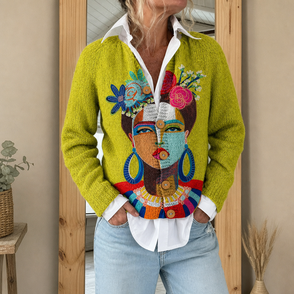 Bo | Cardigan met Frida-portret in olieverf