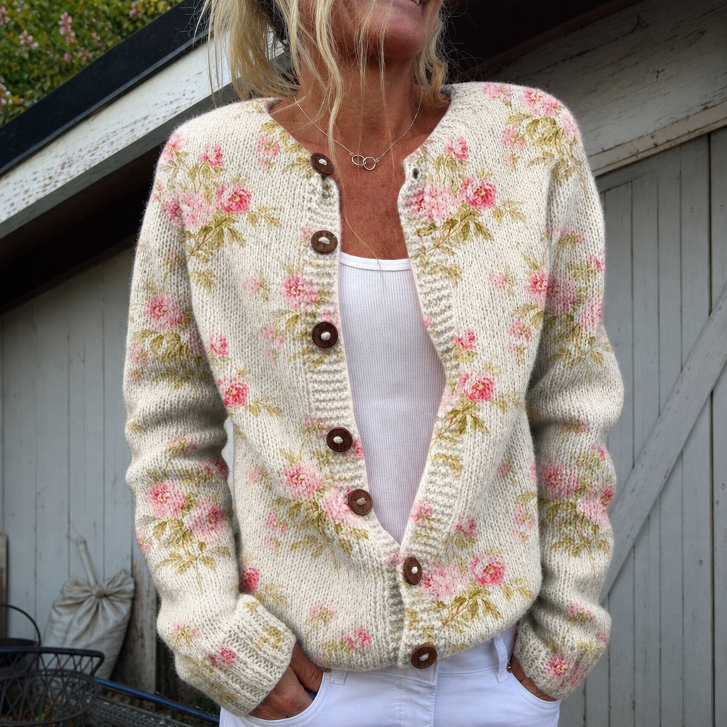 Lieke | Cardigan met roze bloemen en groene blaadjes