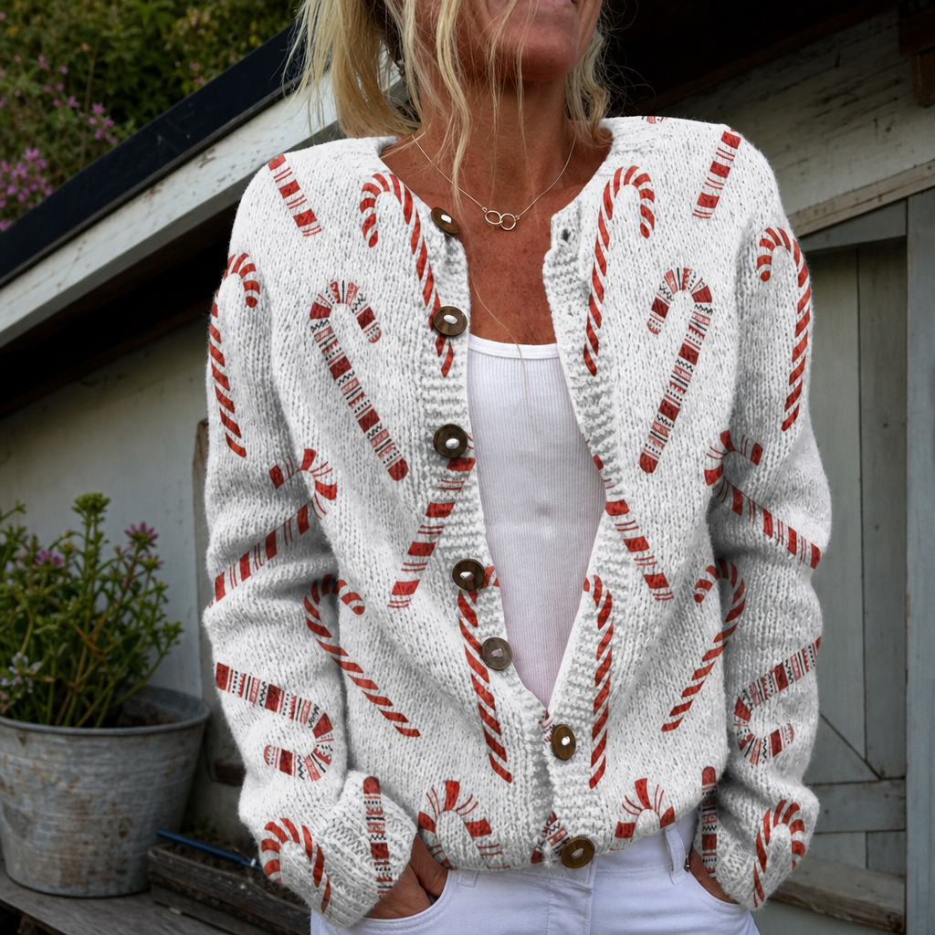 Zoë | Feestelijke cardigan met zuurstokpatroon